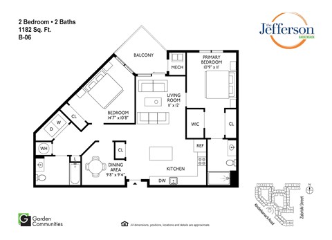 Floor plan for 2 beds, 2 baths, 1182 sqft